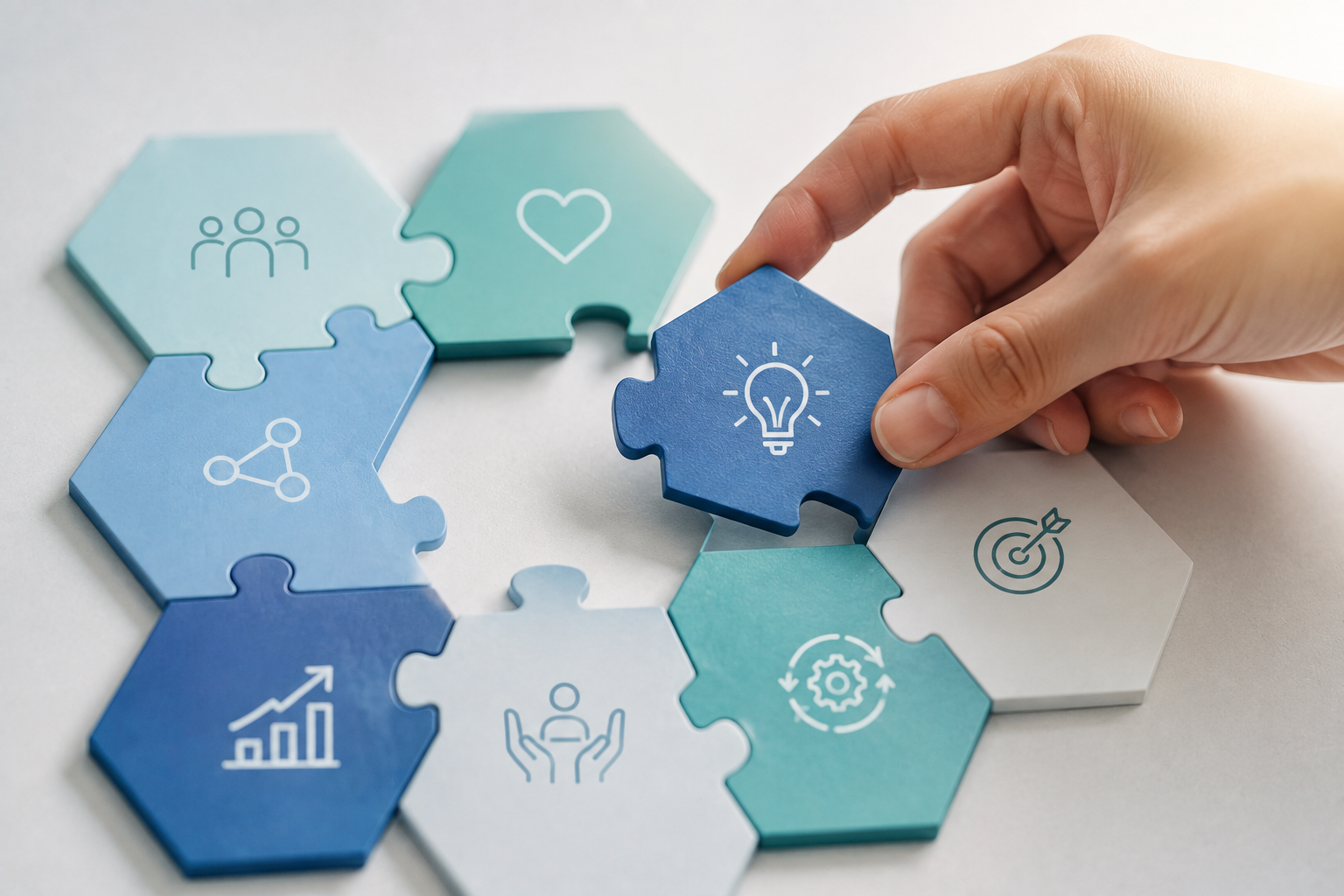 Hand placing a hexagonal puzzle piece with lightbulb icon into a set of connected hexagon tiles.